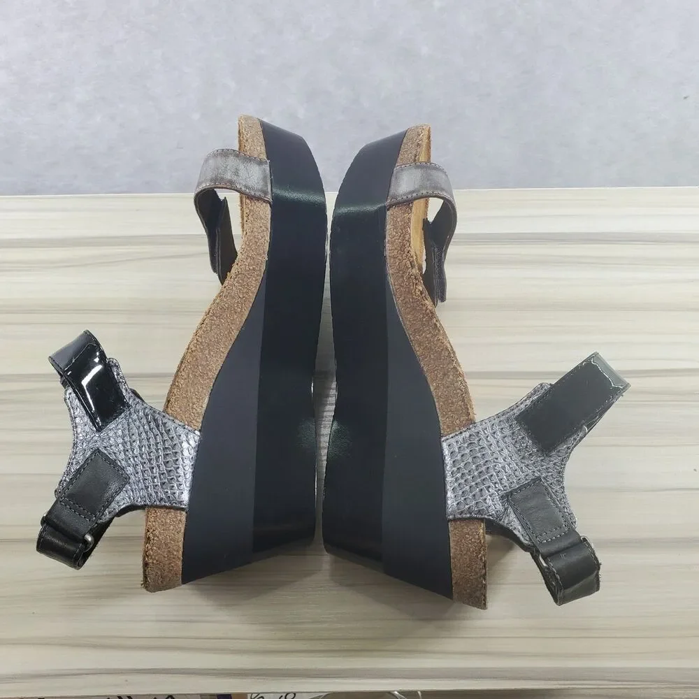 sz 40 Naot Miracle Platform Sandals Open toe Ankle Strap Black Silver Metallic